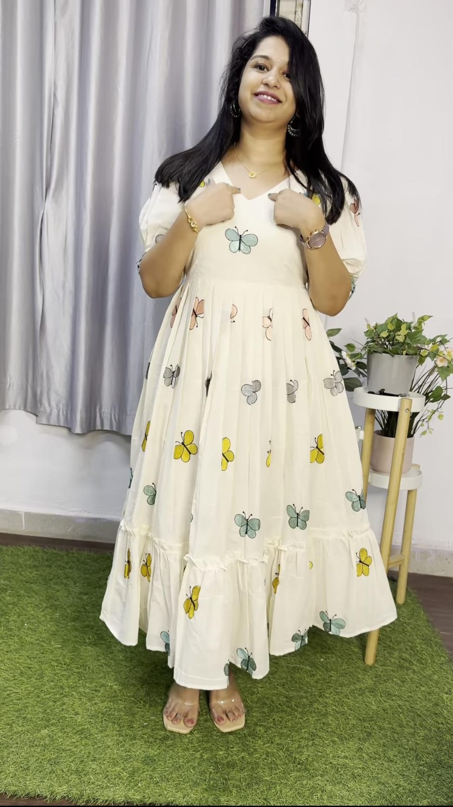  white cotton midi dress for women with butterfly print and puff sleeves