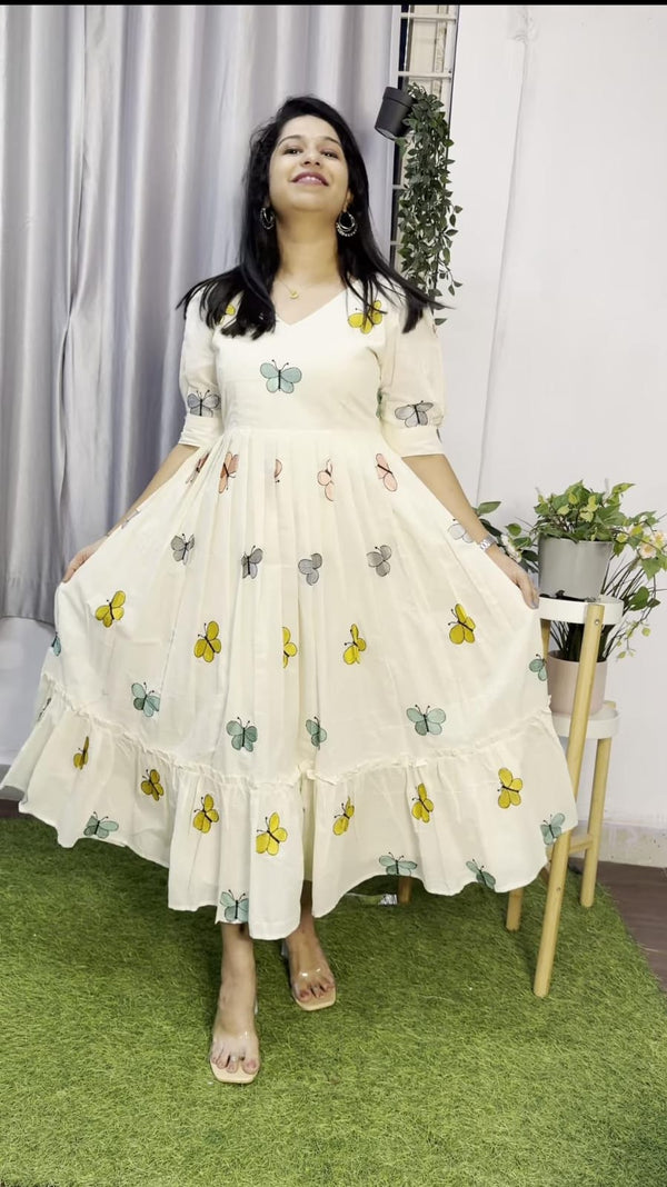  Cotton Suit white cotton midi dress for women featuring butterfly prints and a flowy design