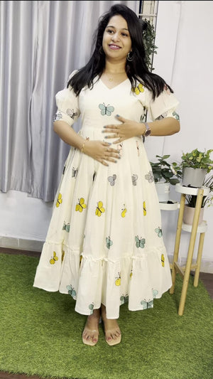 COTTON white cotton midi dress for women with butterfly print and puff sleeves
