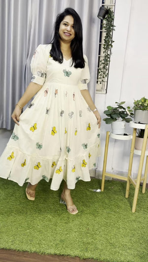  Cotton Suit white cotton midi dress for women with butterfly print and puff sleeves