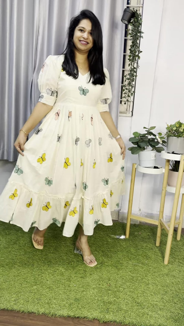  Cotton Suit white cotton midi dress for women with butterfly print and puff sleeves