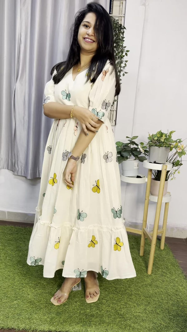  Cotton Suit white cotton midi dress for women with butterfly print and ruffle hem