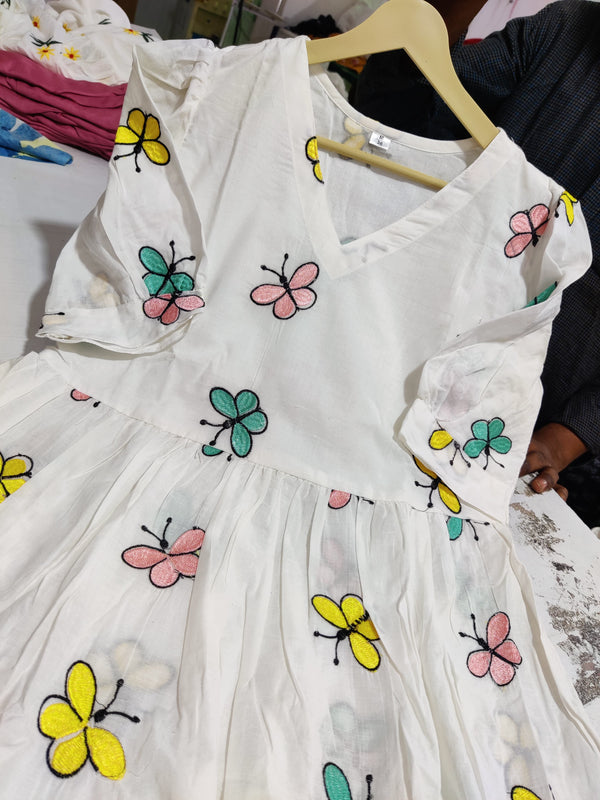  Cotton Suit white cotton midi dress for women with colorful butterfly embroidery and V-neck design
