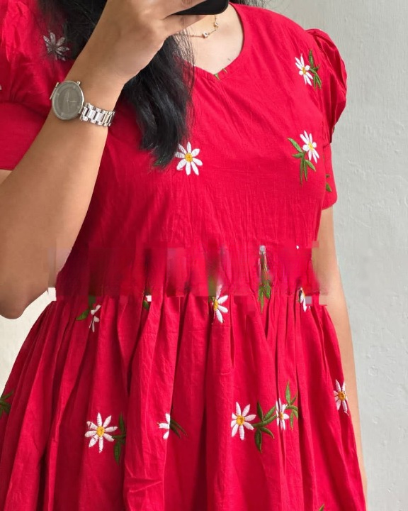 Cotton Suit women's midi cotton dress in red with white floral embroidery and short puff sleeves