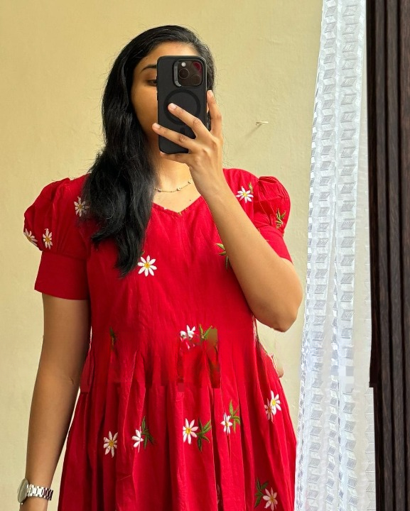 Cotton Suit women's midi cotton dress in red with white floral print and puff sleeves
