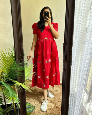 Cotton Suit red gown women's midi cotton dress with embroidered floral details and puff sleeves