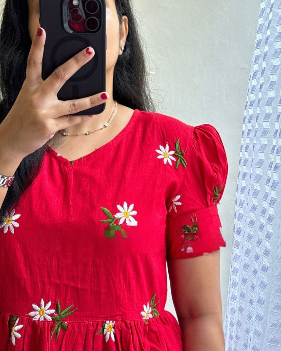 Cotton Suit women's midi cotton dress in red with floral embroidery and puff sleeves