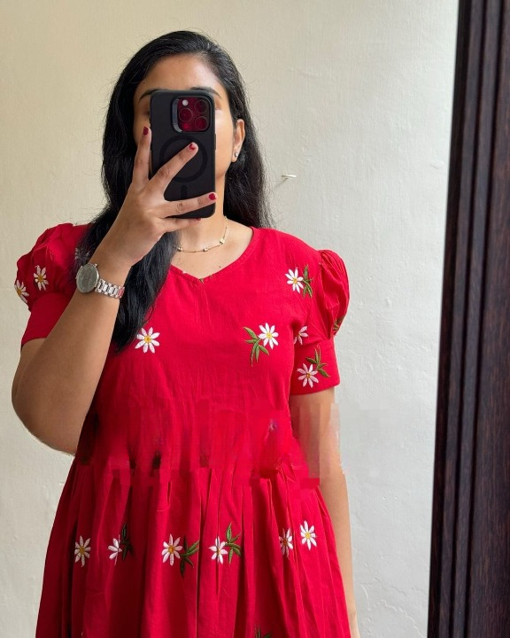 Cotton Suits  women's midi cotton dress in red with floral embroidery and puff sleeves