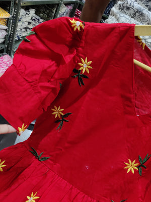 Cotton Suit women's midi cotton dress in red with yellow floral embroidery and puff sleeves