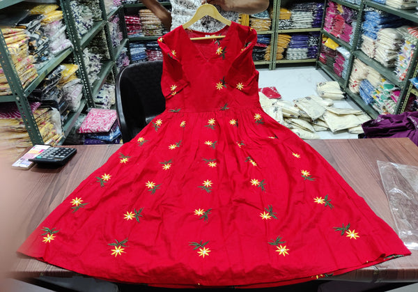 Cotton Suit women's midi cotton dress in red with yellow floral embroidery and sleeveless design