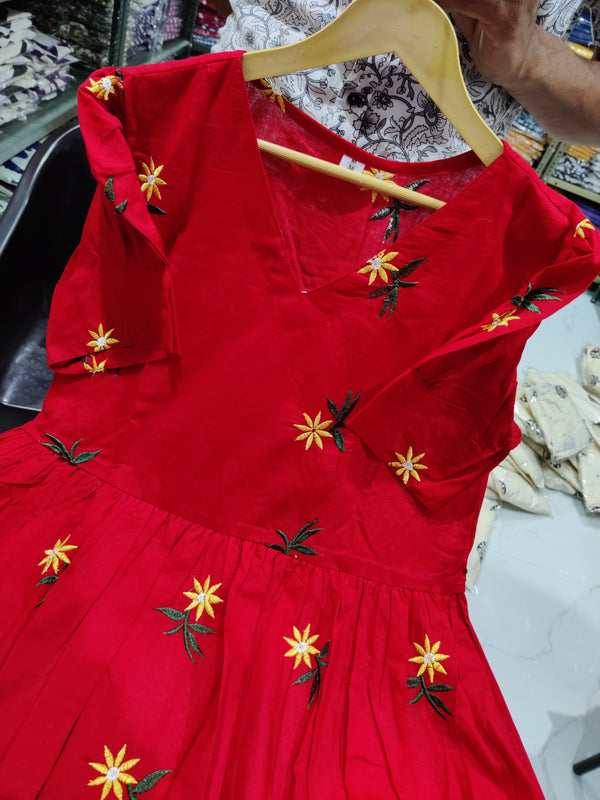 Cotton Suit red gown with yellow floral embroidery women's midi cotton dress on wooden hanger