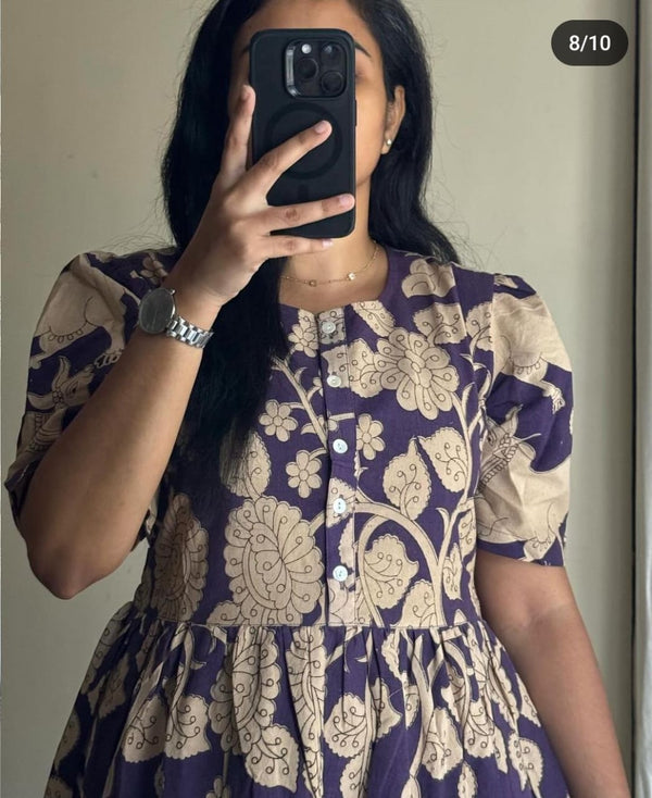 Thread Jaipur women's beige summer dress with purple floral block print and puff sleeves