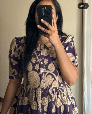 Thread Jaipur women's beige summer dress with purple floral print and button front details