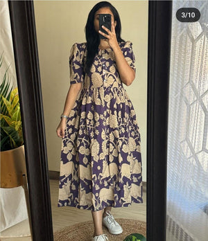 Thread Jaipur women's beige summer dress with purple floral and elephant print, mid-length with puff sleeves