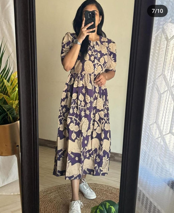 Thread Jaipur women's beige summer dress with purple floral and elephant print midi length