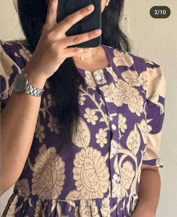 Thread Jaipur women's beige summer dress with purple floral print and button front detail