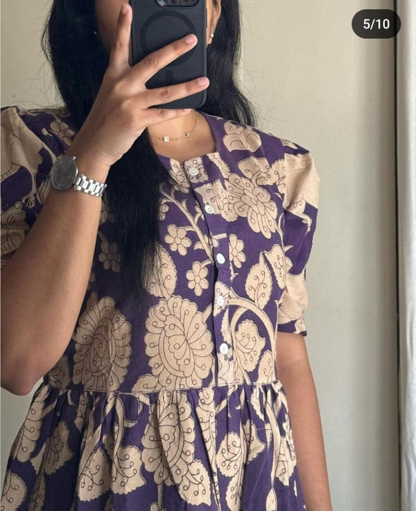 Thread Jaipur women's beige summer dress with purple floral print and button-down front