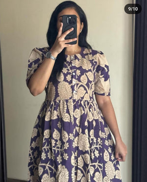 THREAD JAIPUR women's beige summer dress with purple floral print and puff sleeves