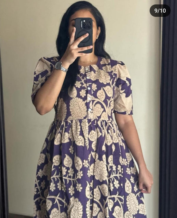 THREAD JAIPUR women's beige summer dress with purple floral print and puff sleeves
