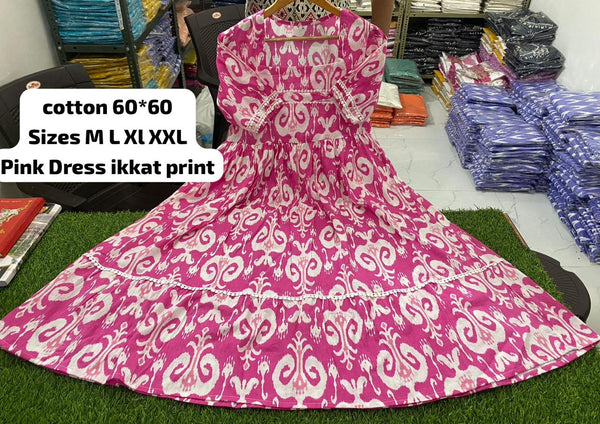 Cotton Suit women's casual cotton midi dress in pink ikkat print with full sleeves and flared skirt
