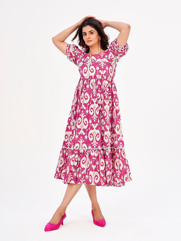 Cotton Suit women's casual cotton midi dress in pink and white with printed design and short sleeves