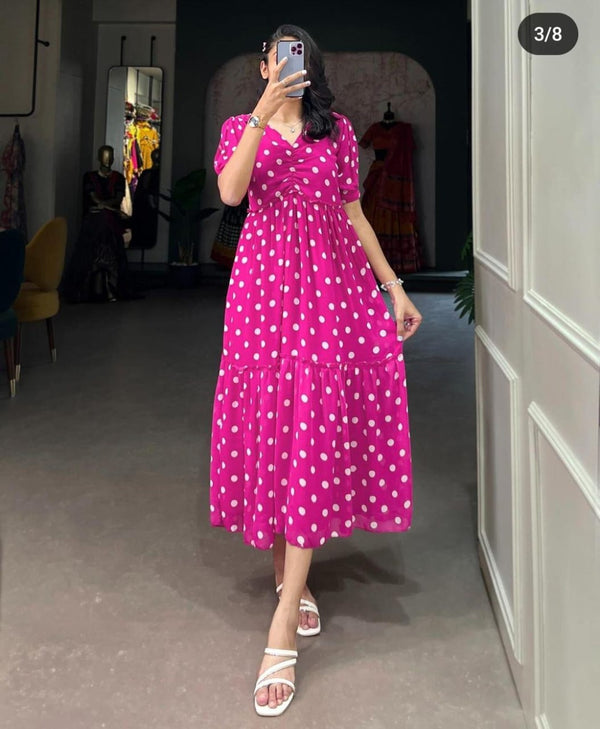  Cotton Suit women's casual polka dot gown in bright pink with white dots and short sleeves