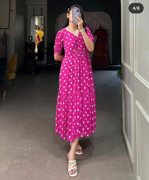  Cotton Suit women's casual polka dot gown in pink with white dots and ruched bodice