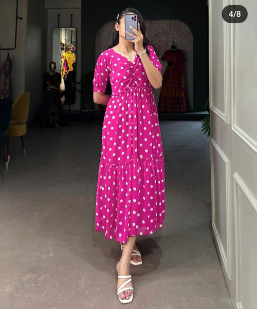  Cotton Suit women's casual polka dot gown in pink with white dots and ruched bodice