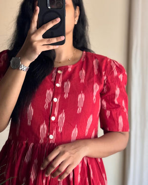  Cotton Suit women's casual summer midi dress in red with white patterns and button details