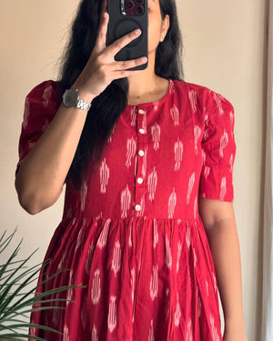  Cotton Suit women's casual summer midi dress in red with white buttons and patterned design