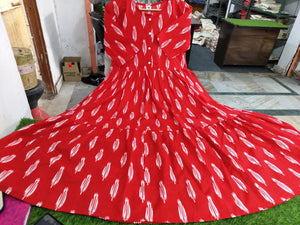  Cotton Suit red gown with white pattern women's casual summer midi dress laid flat on surface