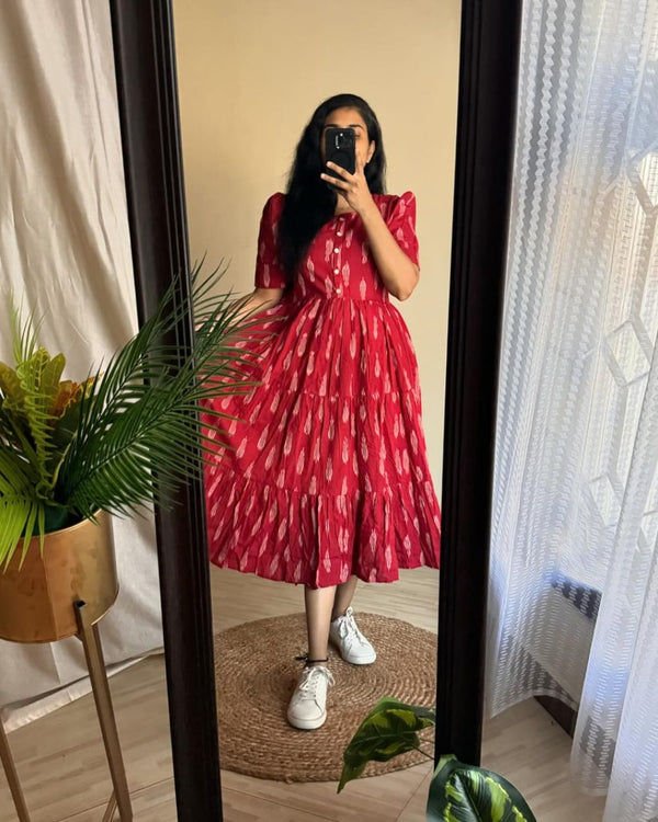  Cotton Suit women's casual summer midi dress in red with white patterns worn with white sneakers