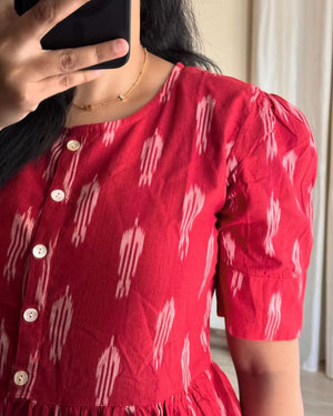  Cotton Suit women's casual summer midi dress in red with white patterns and button details on the front