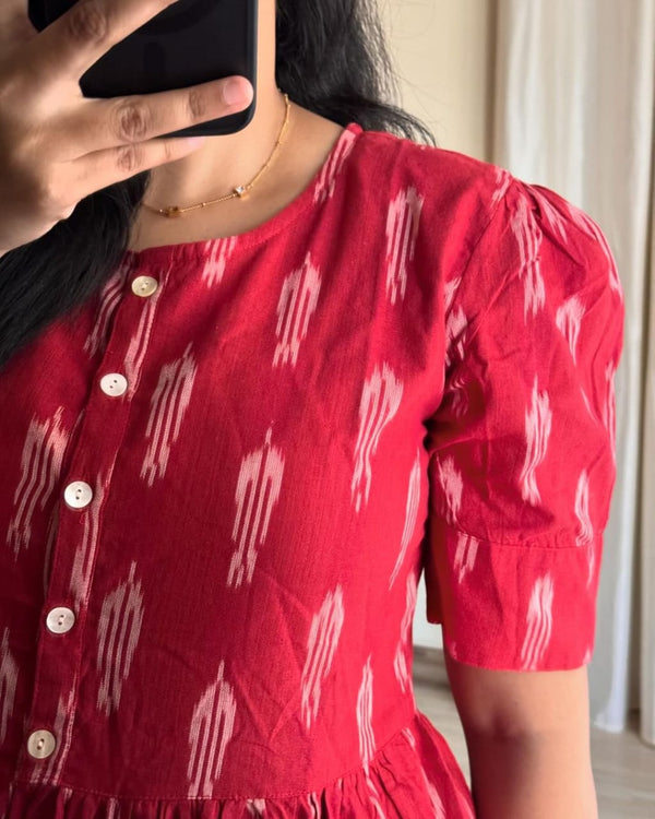  Cotton Suit women's casual summer midi dress in red with white patterns and button details on the front