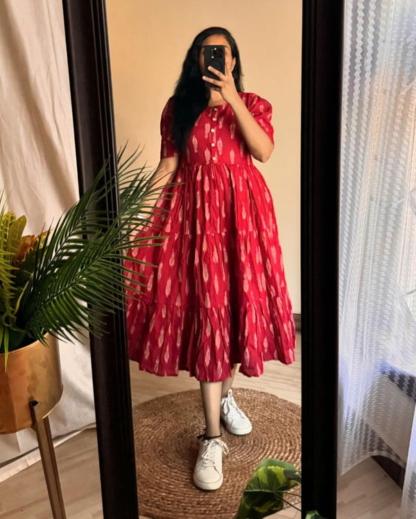  Cotton Suit women's casual summer midi dress in red with white patterns and short sleeves