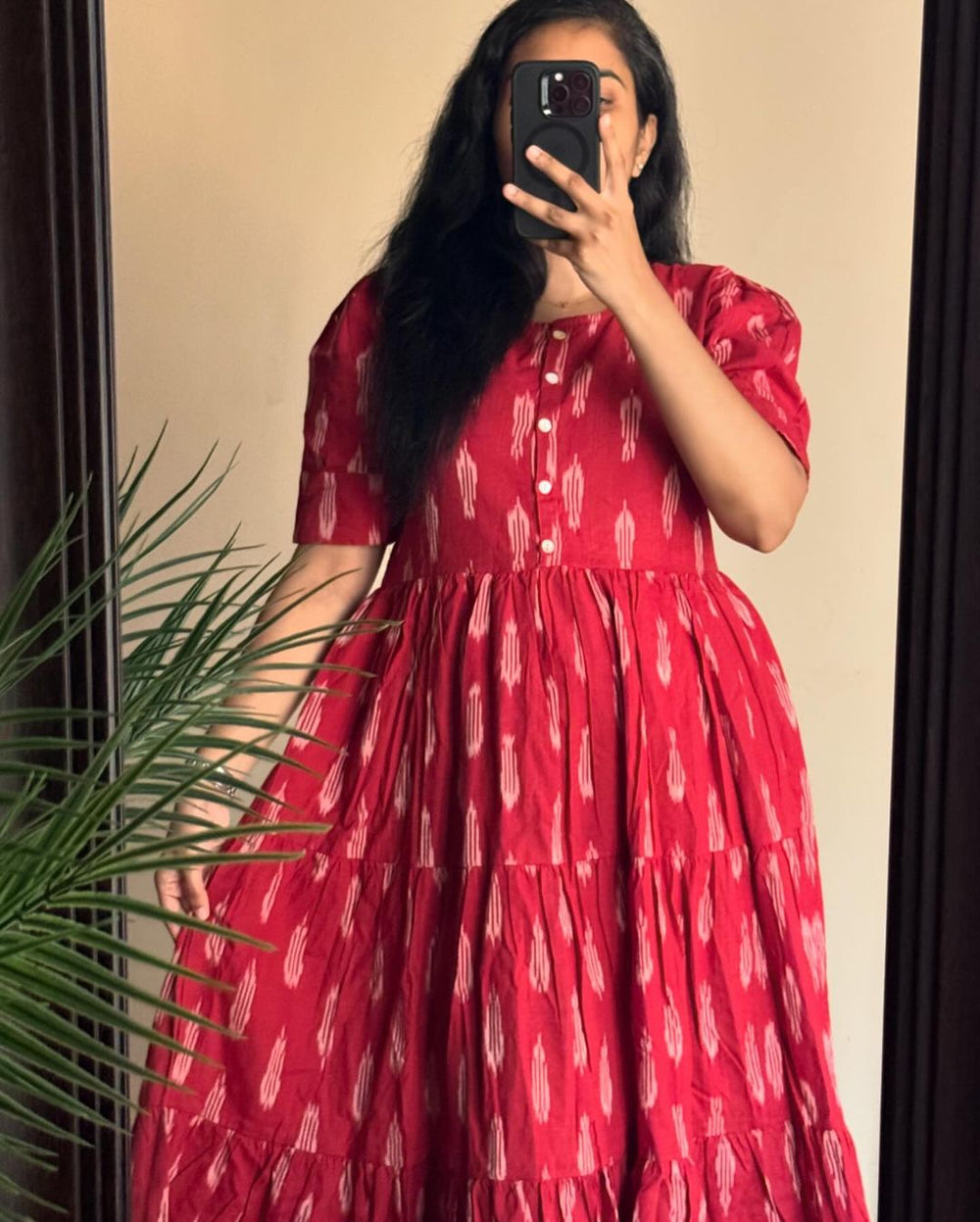  Cotton Suit women's casual summer midi dress in red with white pattern and buttoned front design