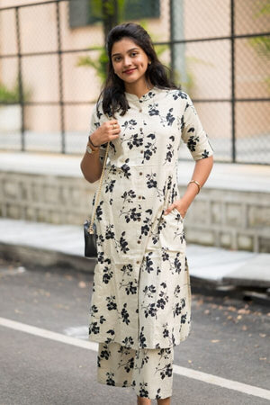 Cotton Suit women's cotton co-ord set with black floral print featuring a kurta and matching pants