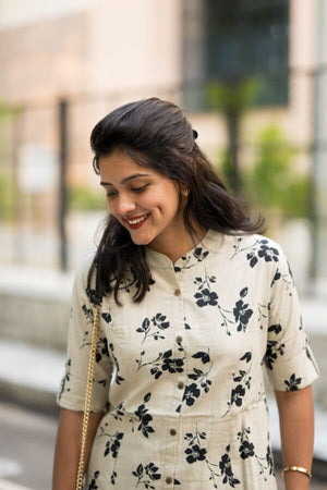 Cotton Suit women's cotton co-ord set featuring a beige floral print top with three-quarter sleeves