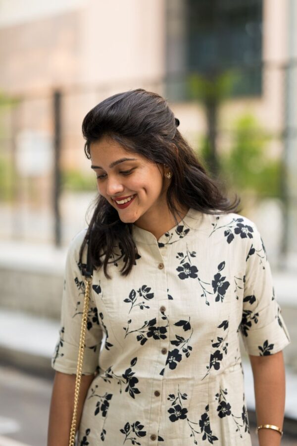 Cotton Suit women's cotton co-ord set featuring a beige floral print top with three-quarter sleeves