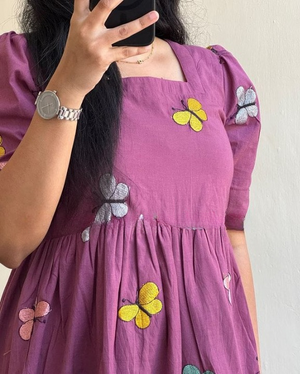  women's cotton embroidered midi dress in purple with colorful butterfly embroidery and puff sleeves