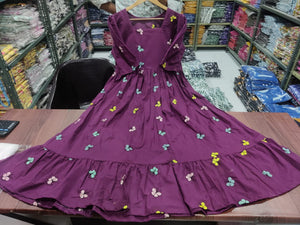 cotton suit women's cotton embroidered midi dress in purple with colorful butterfly embroidery