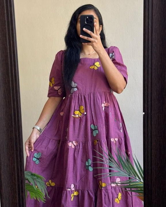 women's cotton embroidered midi dress in purple with colorful butterfly embroidery