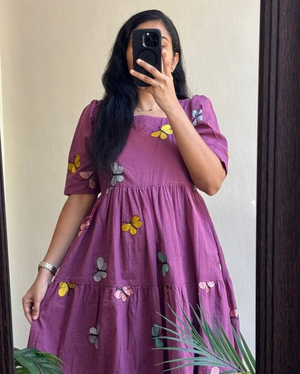 Cotton Suit women's cotton embroidered midi dress in purple with colorful floral embroidery and puff sleeves