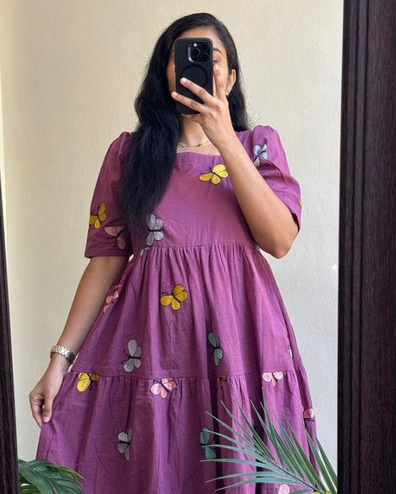 Cotton Suit women's cotton embroidered midi dress in purple with colorful floral embroidery and puff sleeves