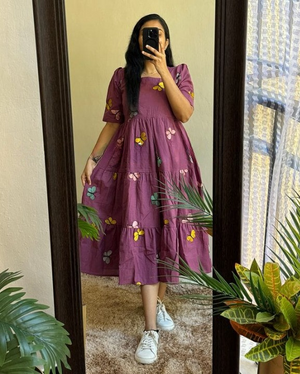 Cotton Suit women's cotton embroidered midi dress in purple with floral patterns and puff sleeves