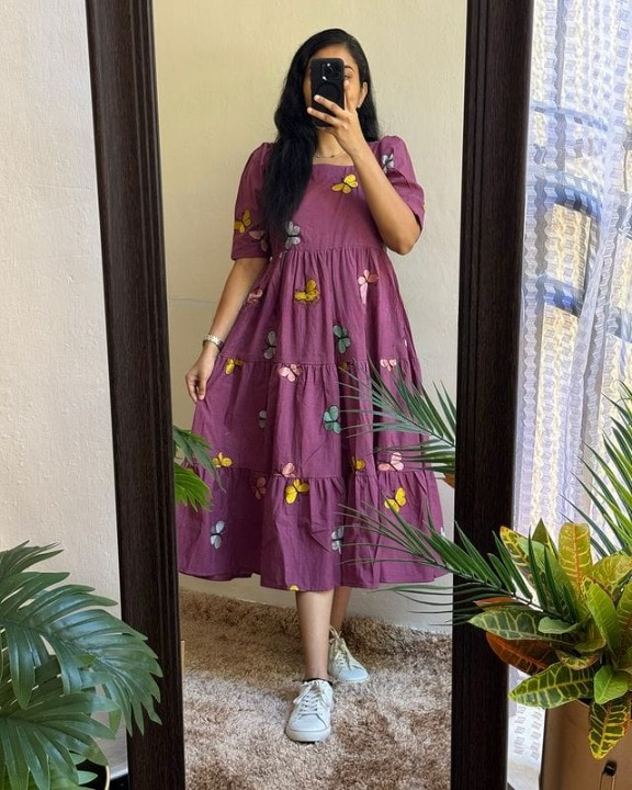 Cotton Suit women's cotton embroidered midi dress in purple with colorful butterfly designs and short puff sleeves