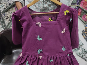 Cotton Suit women's cotton embroidered midi dress in purple with colorful butterfly designs