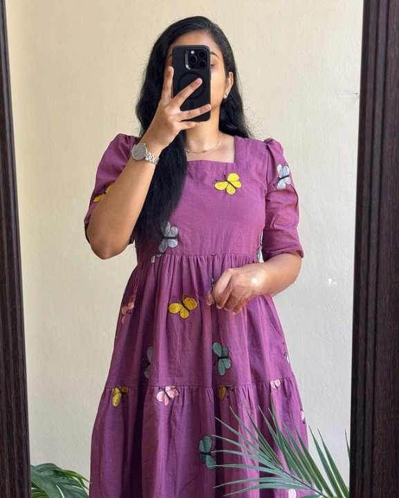 Cotton Suit women's cotton embroidered midi dress in purple with butterfly designs and puff sleeves