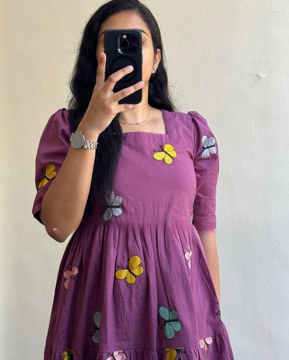Cotton Suit women's cotton embroidered midi dress in purple with colorful butterfly embroidery and puff sleeves