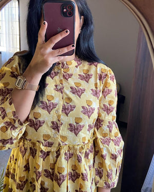 Cotton Suit women's flower print midi dress with yellow and brown floral pattern and button front